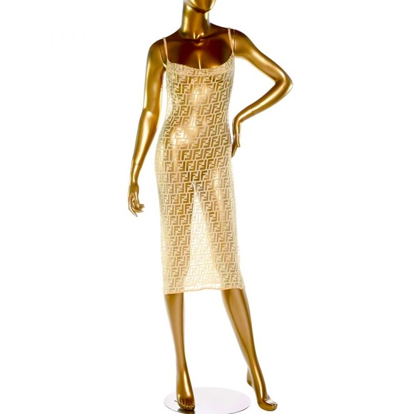 Fendi 1990s Zucca Monogram Logo Dress Sheer Nylon Lace Maxi Bodycon Slip Dress - Picture 7 of 17